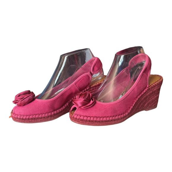 Libby Edelman Curtsy Pink Denim Rosette Wedge peep toe Espadrille size 8.5 - Picture 14 of 16